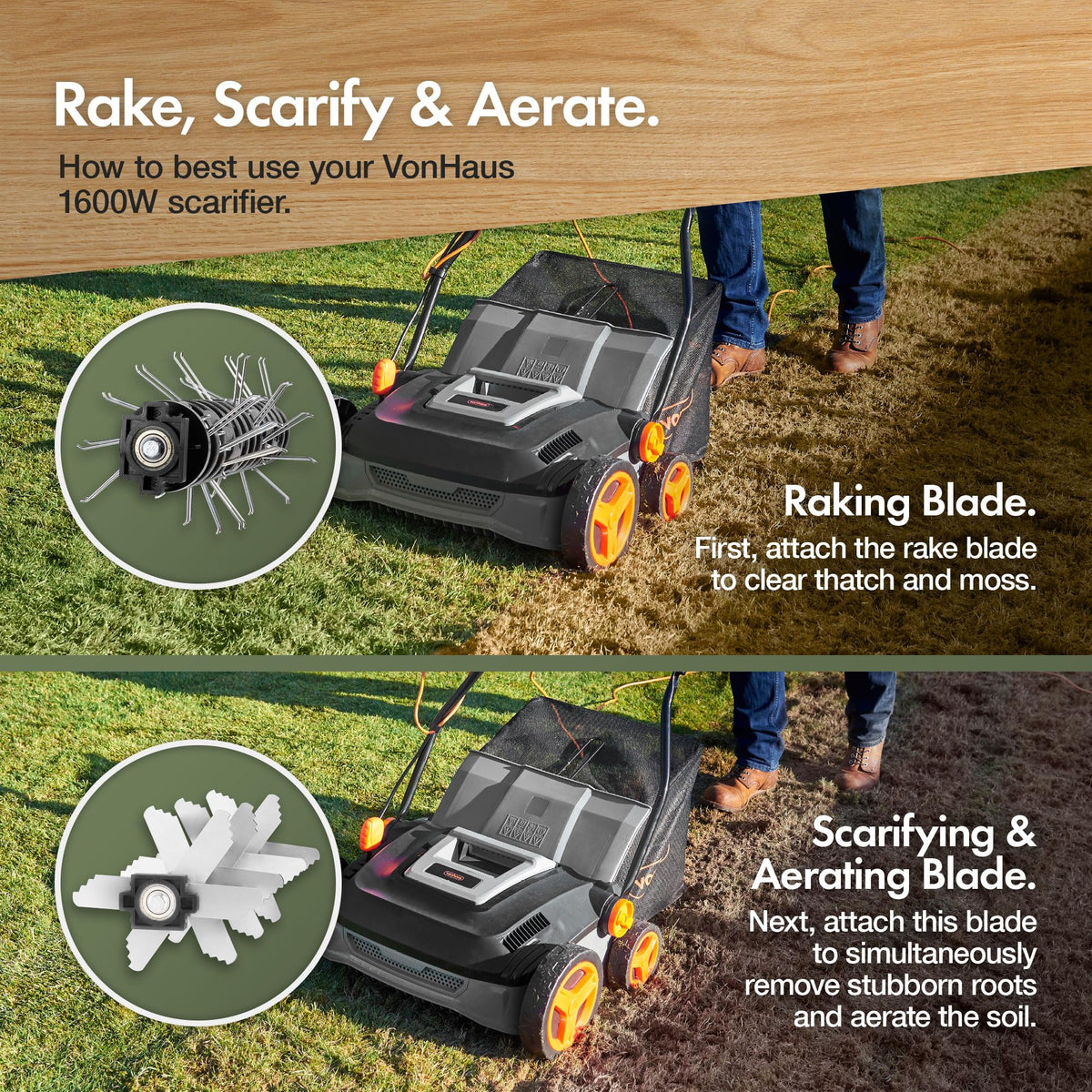 1600W Electric Lawn Scarifier & Aerator with 37cm Working Width & 45L Collection Box