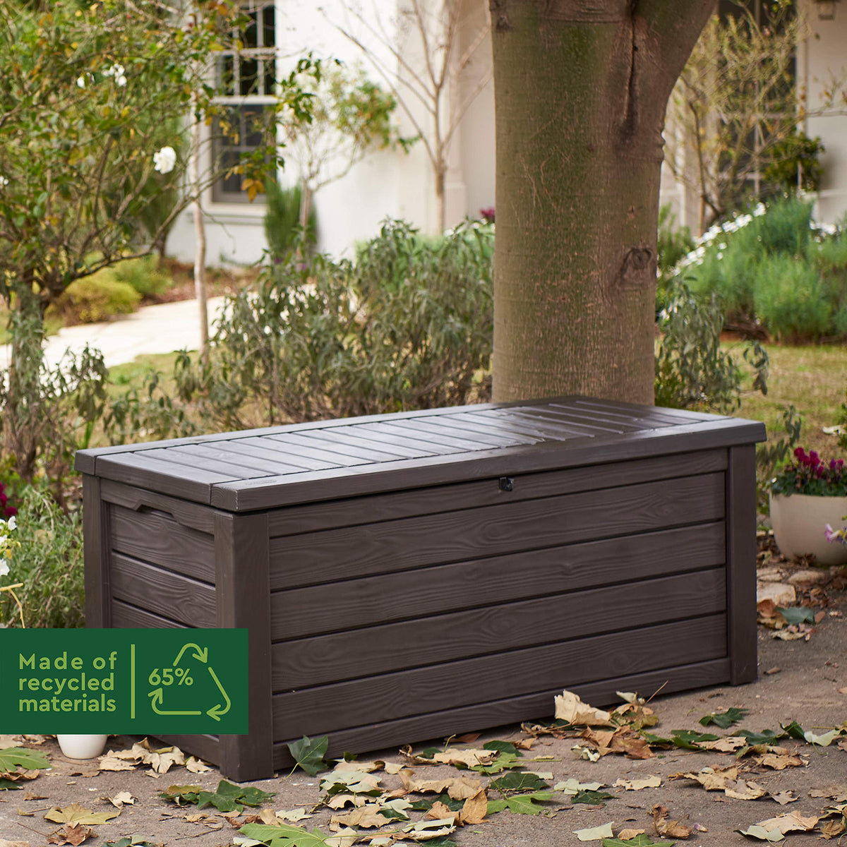 570L Outdoor Garden Storage Box with Wood-Effect Finish, Piston Lid & Seating - Brown