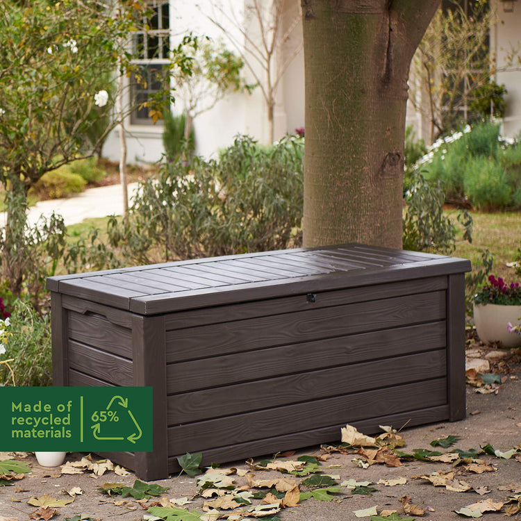570L Outdoor Garden Storage Box with Wood-Effect Finish, Piston Lid & Seating - Brown