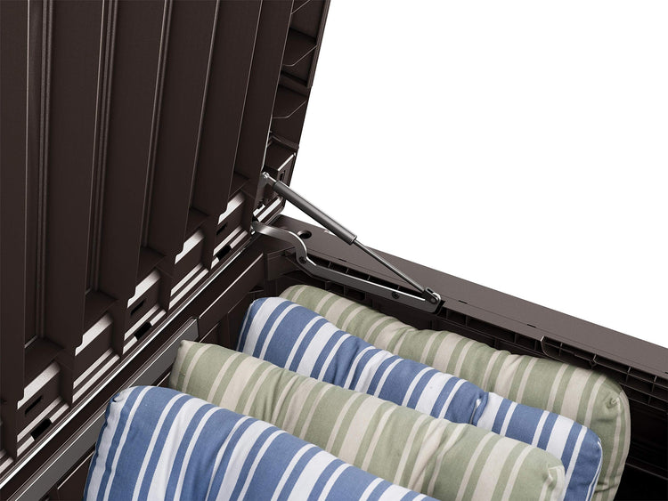 570L Outdoor Garden Storage Box with Wood-Effect Finish, Piston Lid & Seating - Brown