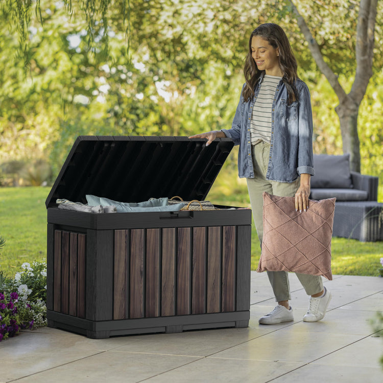 190L Outdoor Garden Storage Box with Wood-Effect Finish, Lockable Lid & Seating - Rosewood