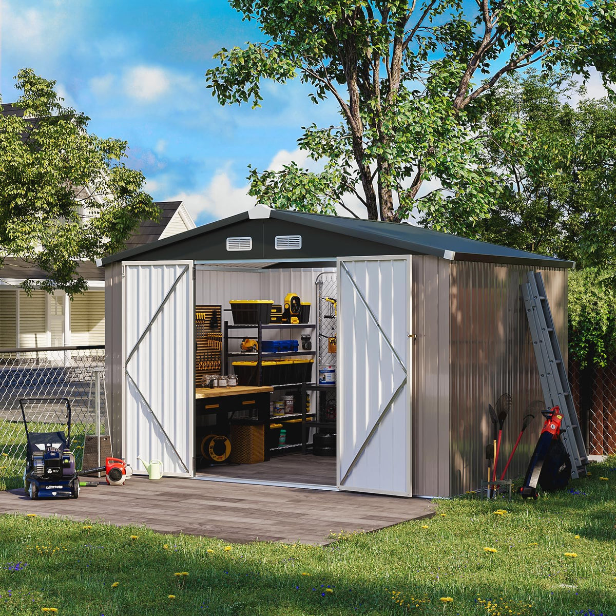 10x8ft Galvanised Metal Garden Storage Shed with Lockable Double Doors & Ventilation - Brown