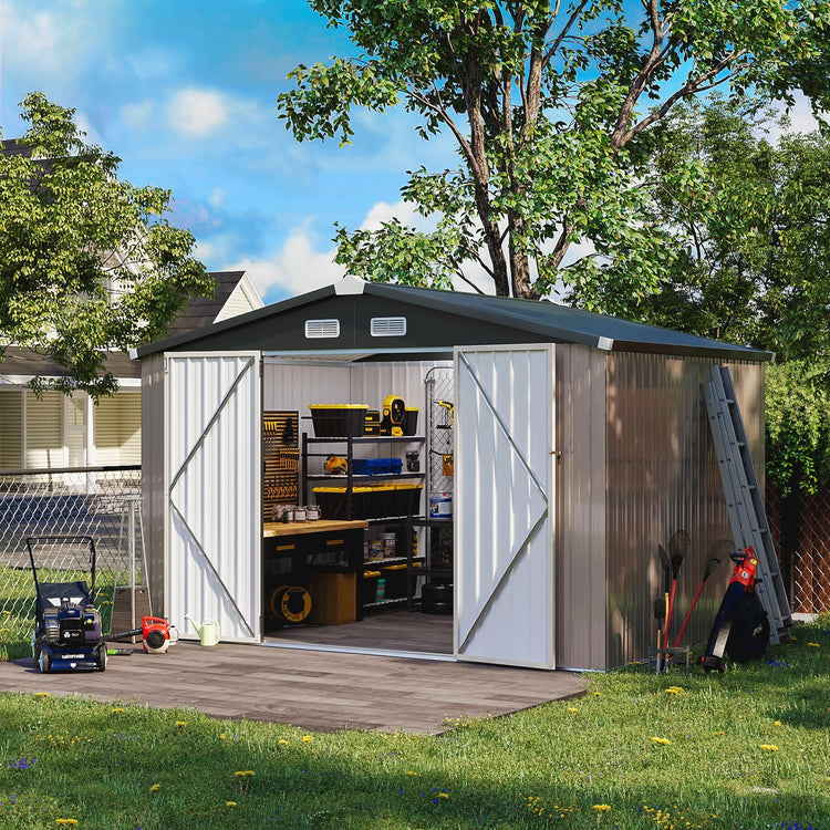 10x8ft Galvanised Metal Garden Storage Shed with Lockable Double Doors & Ventilation - Brown