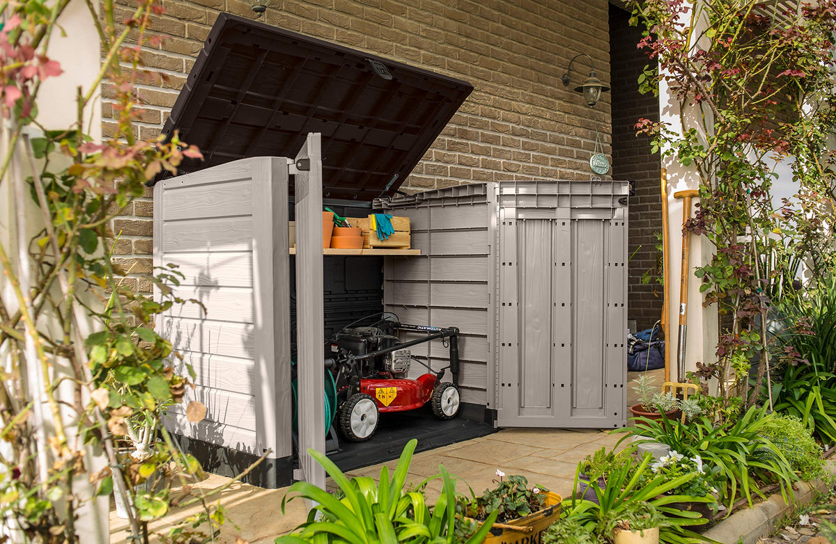 1200L Outdoor Garden Storage Shed with Piston-Assisted Lid & Wide Opening Doors - Beige/Brown