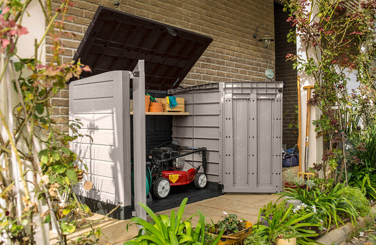 1200L Outdoor Garden Storage Shed with Piston-Assisted Lid & Wide Opening Doors - Beige/Brown