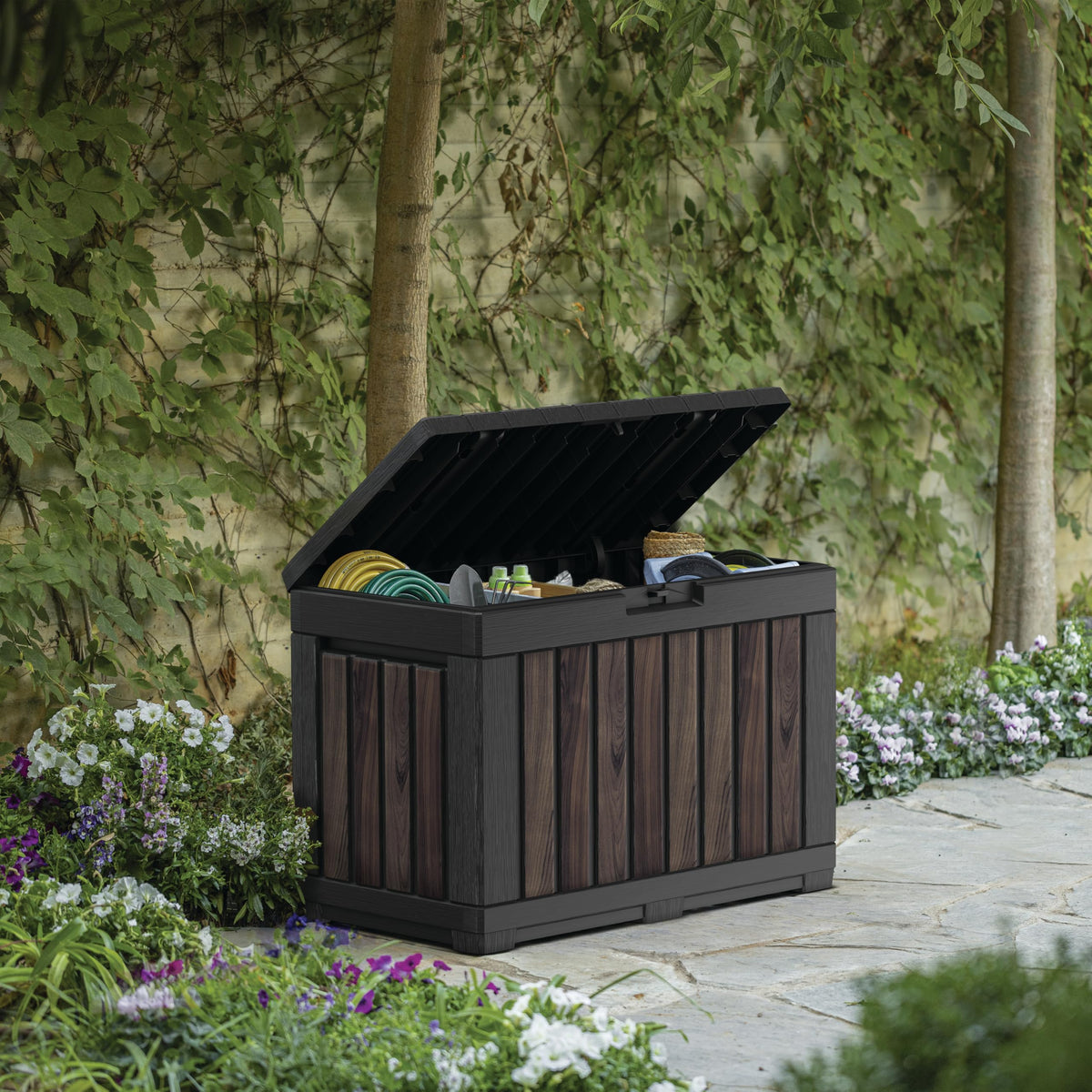 190L Outdoor Garden Storage Box with Wood-Effect Finish, Lockable Lid & Seating - Rosewood