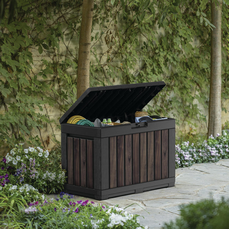 190L Outdoor Garden Storage Box with Wood-Effect Finish, Lockable Lid & Seating - Rosewood