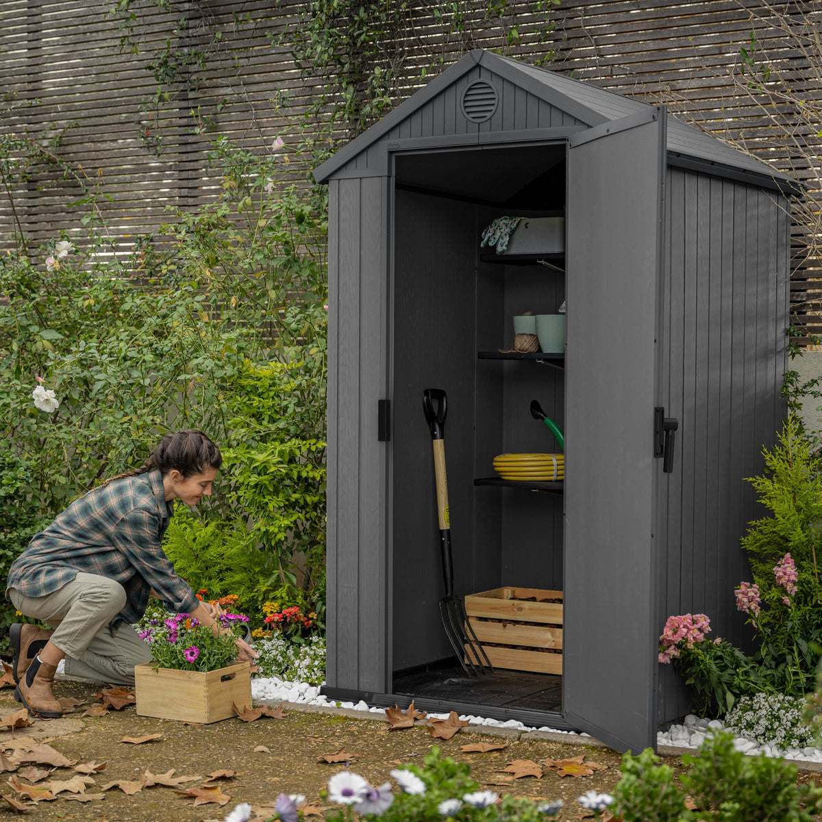 4x4 Wood-Effect Resin Garden Storage Shed with Floor, Window & Ventilation