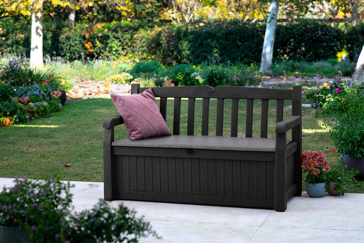 Keter Eden Bench 265L Outdoor 60% recycled Garden Furniture Storage Box Graphite & Light Grey | Fade Free | All Weather Resistant | Safe and Secure | Zero Maintenance | 2 year Warranty