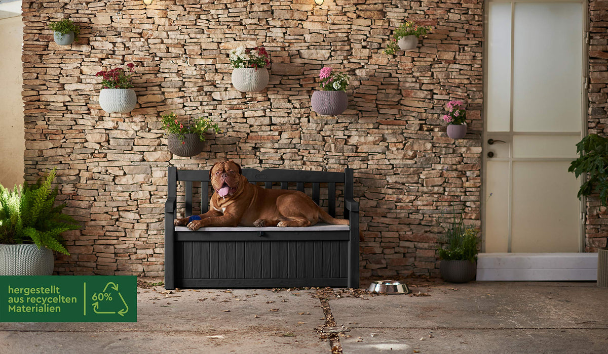 Keter Eden Bench 265L Outdoor 60% recycled Garden Furniture Storage Box Graphite & Light Grey | Fade Free | All Weather Resistant | Safe and Secure | Zero Maintenance | 2 year Warranty