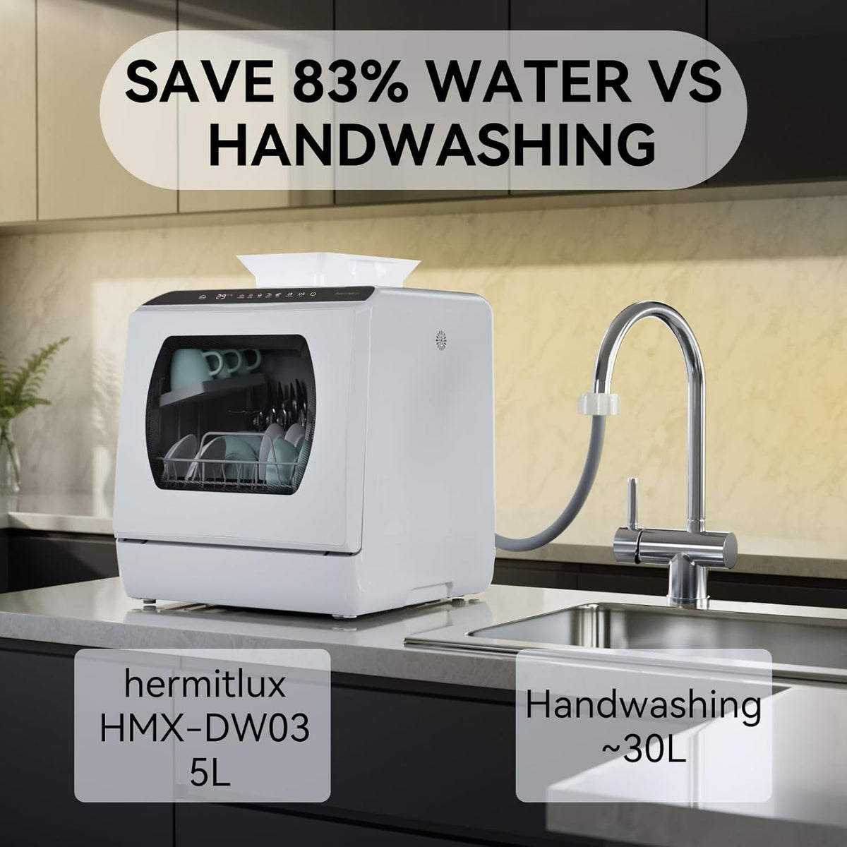 Hermitlux Table Top Dishwasher – Mini Countertop, 4 Place Settings, 6 Programs, Built-In 5L Water Tank, Touch Control