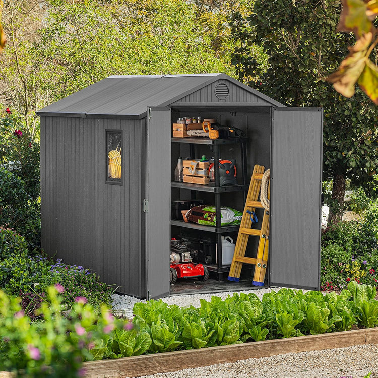 6 x 8 ft Outdoor Garden Storage Shed with Double Doors, Window & Heavy-Duty Floor Panel