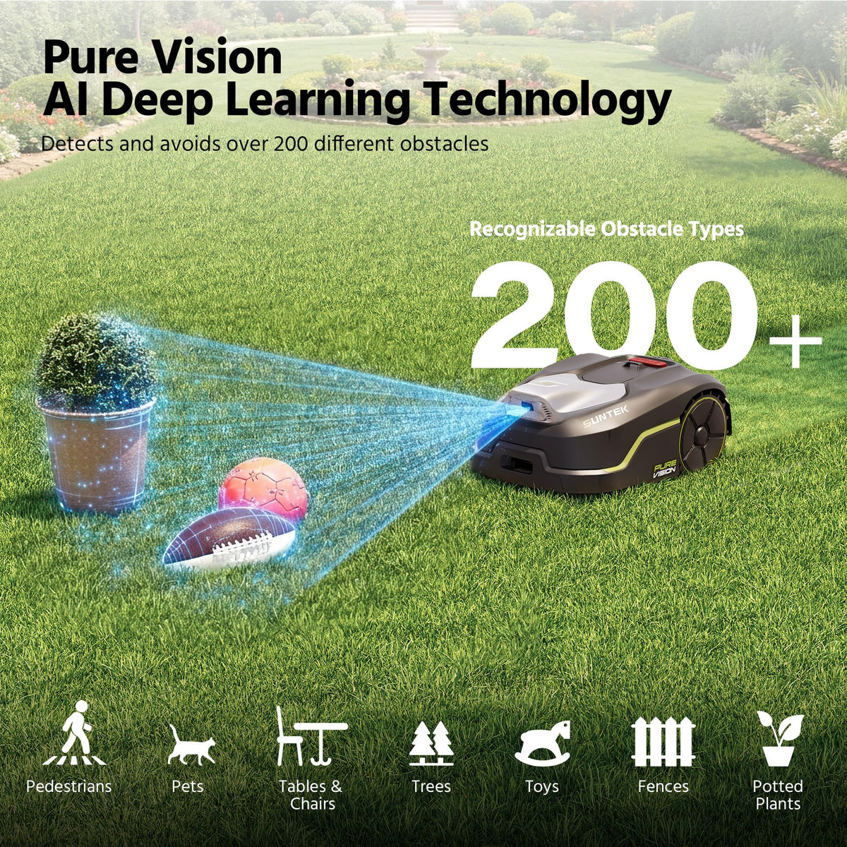 SUNTEK Robot Lawn Mower without Boundary, AI Pure Vision Robotic Mower with Auto Mapping, Slope up to 35°, IPX5 Waterproof Rating, Automatic Mapping