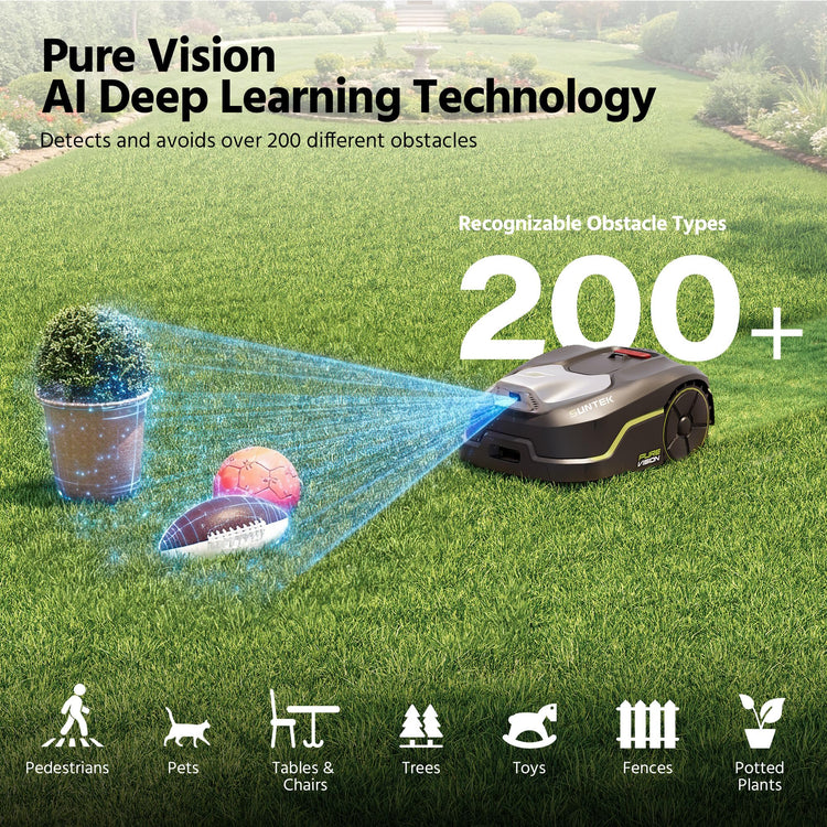 SUNTEK Robot Lawn Mower without Boundary, AI Pure Vision Robotic Mower with Auto Mapping, Slope up to 35°, IPX5 Waterproof Rating, Automatic Mapping