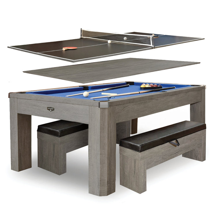 Hathaway Newport 7-ft Pool Table Combo Set with Benches - Rustic Gray with Blue Felt BG50374