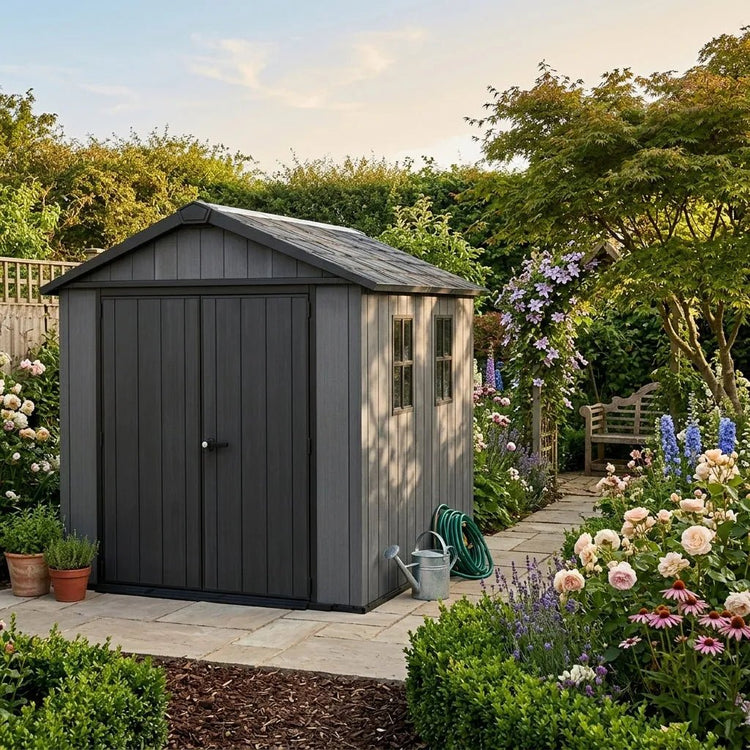 Newton 11’x7.5’ Plus Side Entry Plastic Shed Graphite