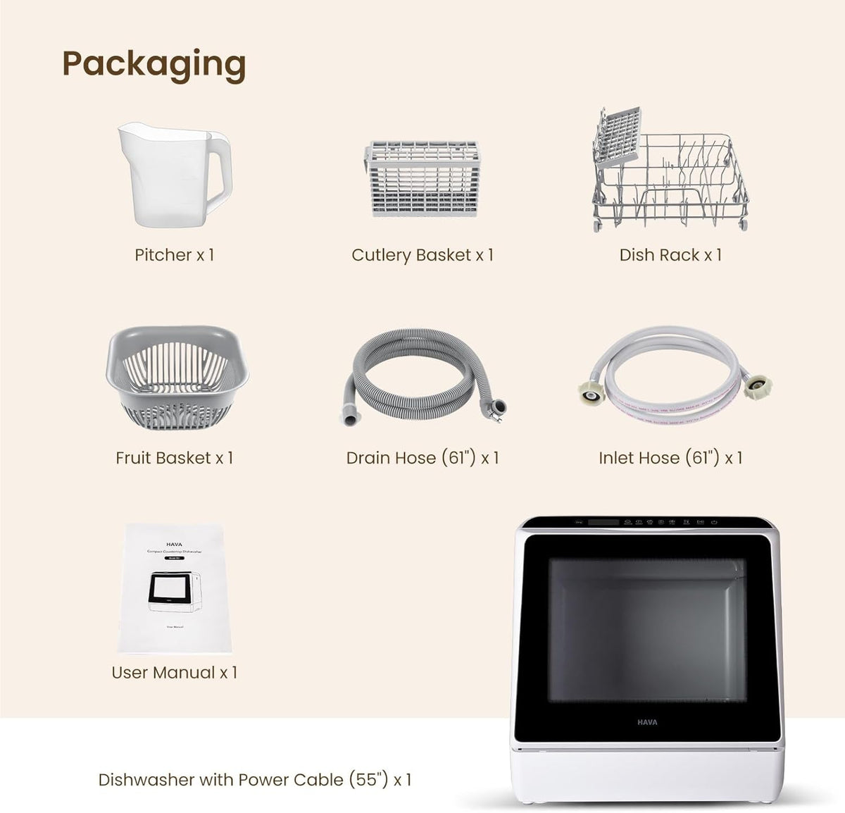 HAVA Table Top Dishwasher – Mini Countertop, Portable, 6 Programs, 5L Water Tank, No Installation Required