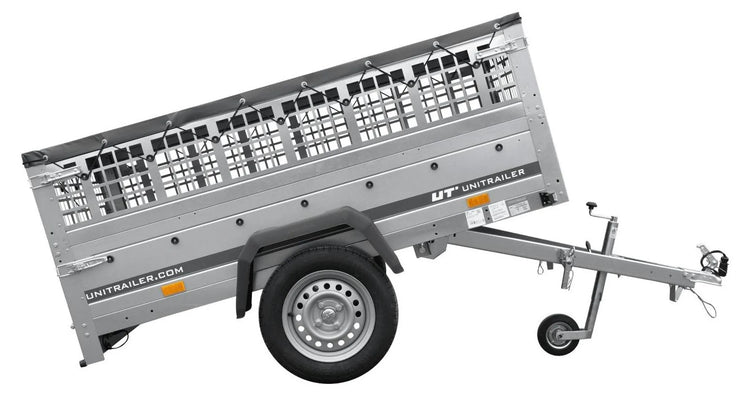 Car trailer GARDEN TRAILER 201 TIPP with mesh side extensions, support wheel and flat tarpaulin