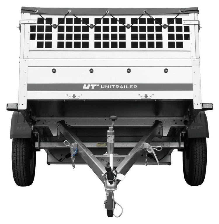Car trailer GARDEN TRAILER 201 TIPP with mesh side extensions, support wheel and flat tarpaulin