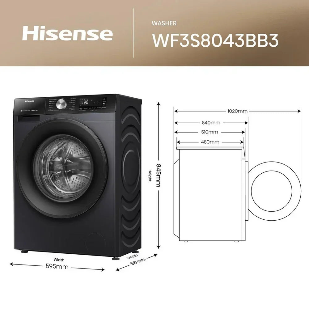 Hisense 3S Series WF3S8043BB3 Washing Machine 8kg 1400rpm Black
