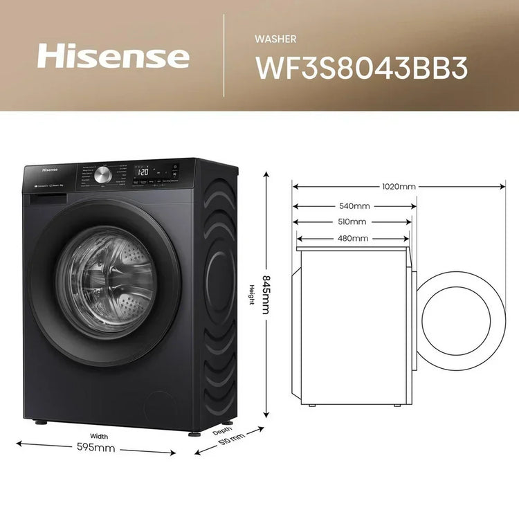 Hisense 3S Series WF3S8043BB3 Washing Machine 8kg 1400rpm Black