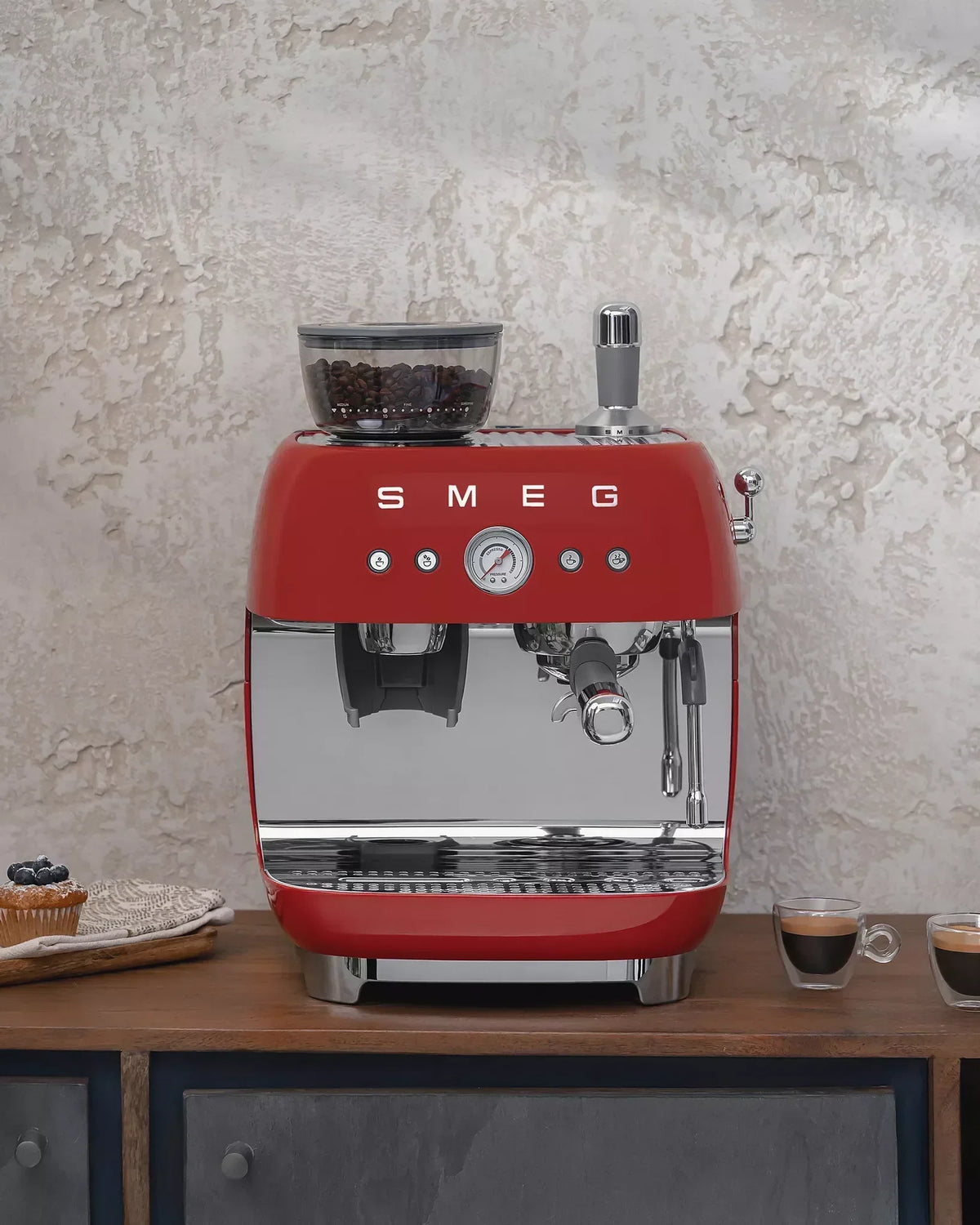 Smeg EGF03RDUK Retro Espresso Coffee Machine with Grinder Red