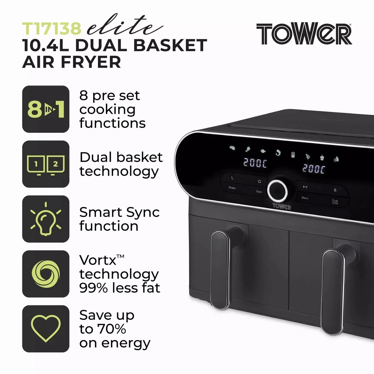 Tower T17138 Vortx Elite Dual Basket Air Fryer 10.4L Grey