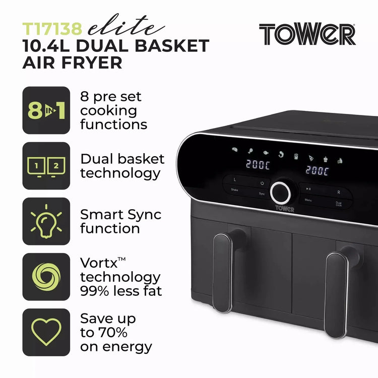 Tower T17138 Vortx Elite Dual Basket Air Fryer 10.4L Grey