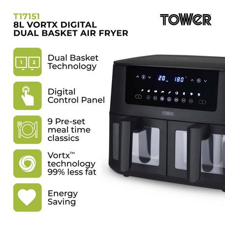Tower Vortx Vizion T17151 Dual Basket Air Fryer 8L Black
